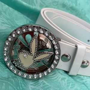 NWOT Y2K Rhinestone Bling Chrome Playboy Bunny Spinner Belt Buckle & White Belt